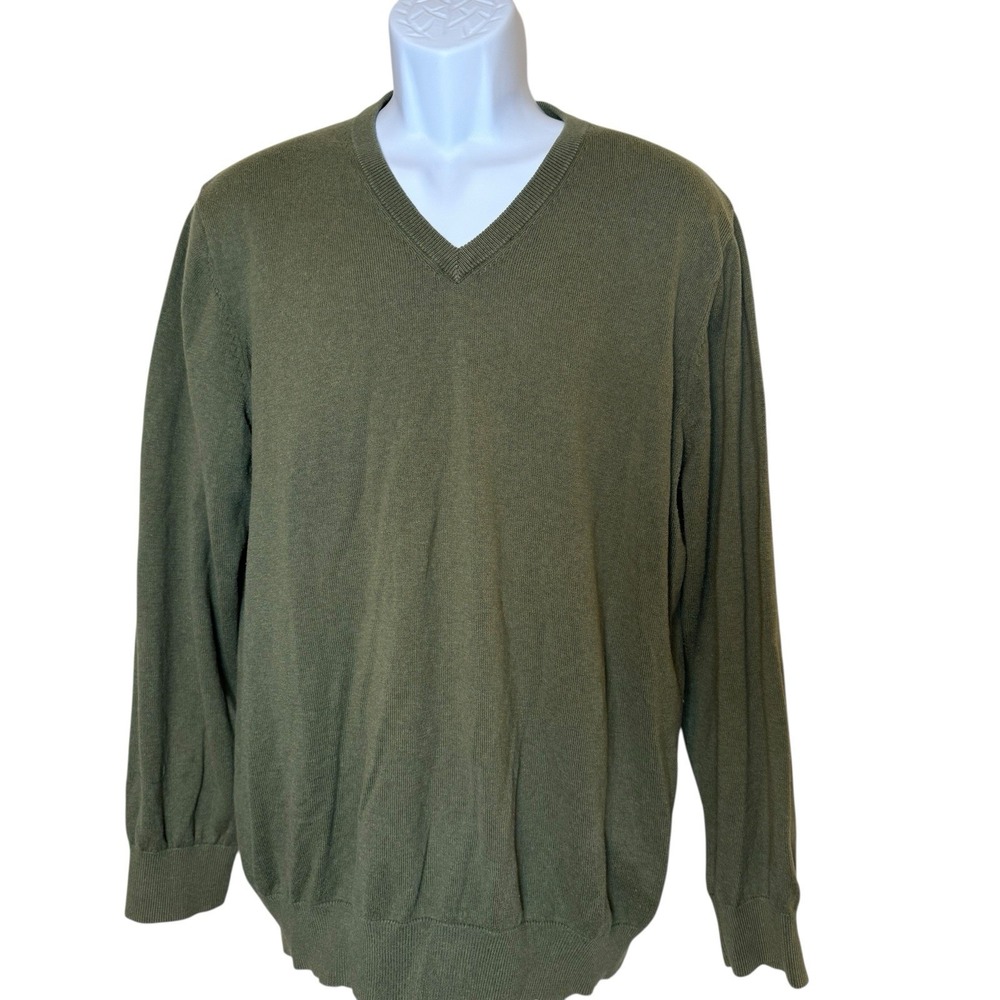 LL Bean Sweater Mens XL Green Cotton Cashmere Pullover V Neck Outdoor Casual
